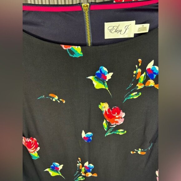 Women’s Eliza J Blue Red 3/4 Sleeve Floral Midi Dress Designer Size 14 - Picture 3 of 4